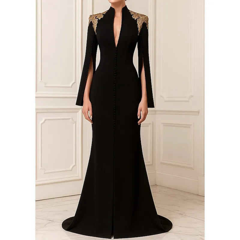 Elegant Mermaid High Neck Long Sleeve Applique Black Floor Length Evening Dress For Sale