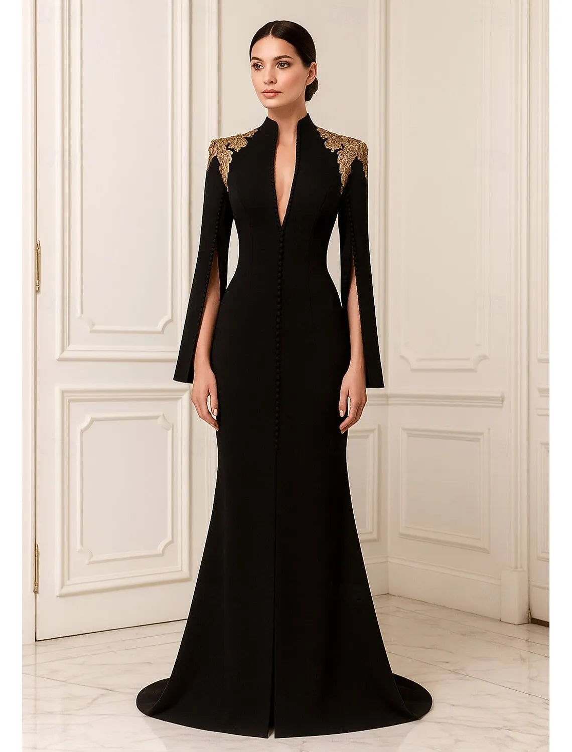 Elegant Mermaid High Neck Long Sleeve Applique Black Floor Length Evening Dress For Sale