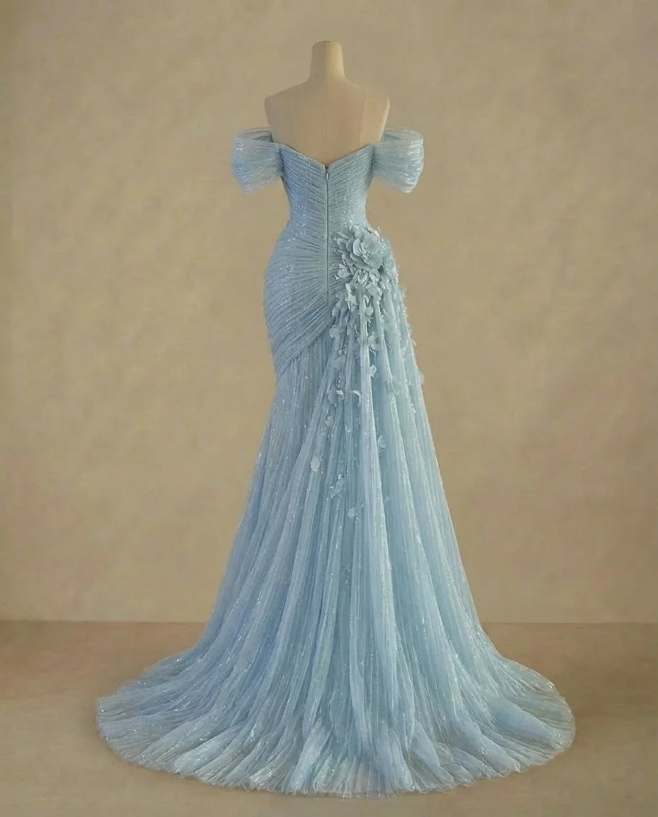 Elegant Mermaid Off-Shoulder 3D Floral Light Blue Maxi Evening Dress