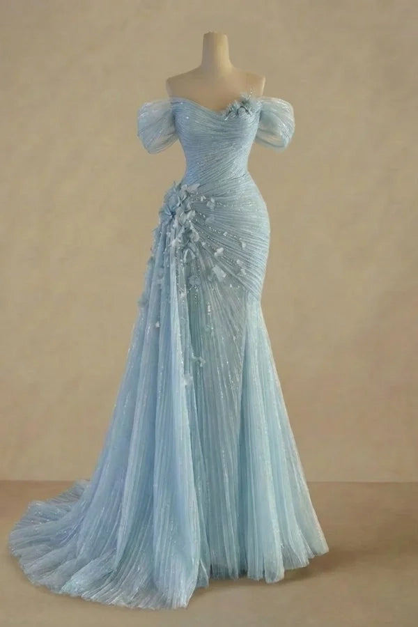 Elegant Mermaid Off-Shoulder 3D Floral Light Blue Maxi Evening Dress
