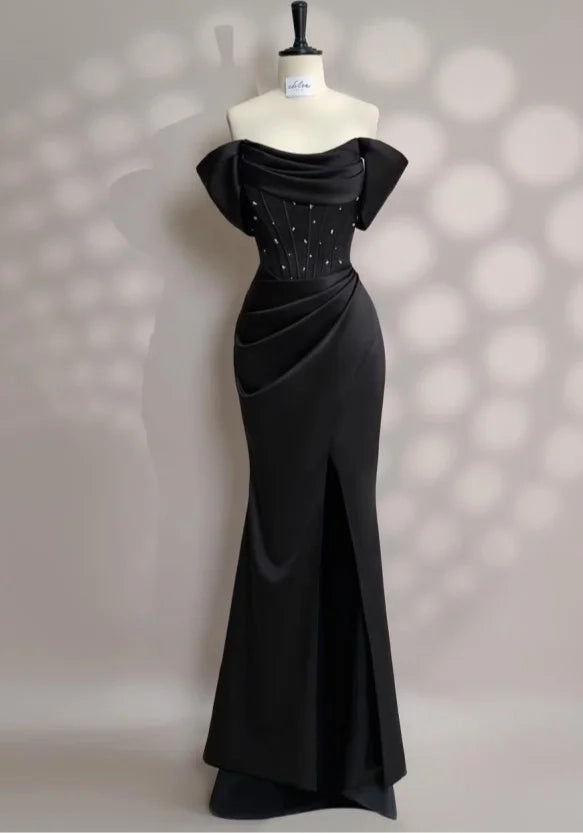Elegant Mermaid Off-Shoulder Beaded Black Maxi Evening Dress