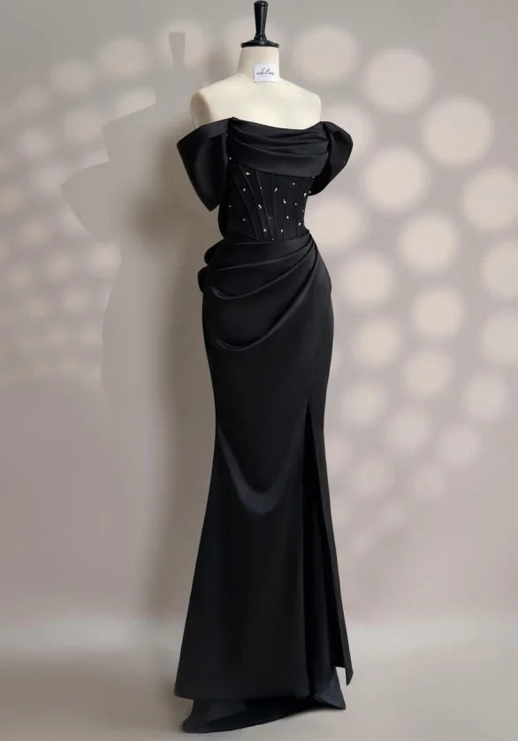 Elegant Mermaid Off-Shoulder Beaded Black Maxi Evening Dress