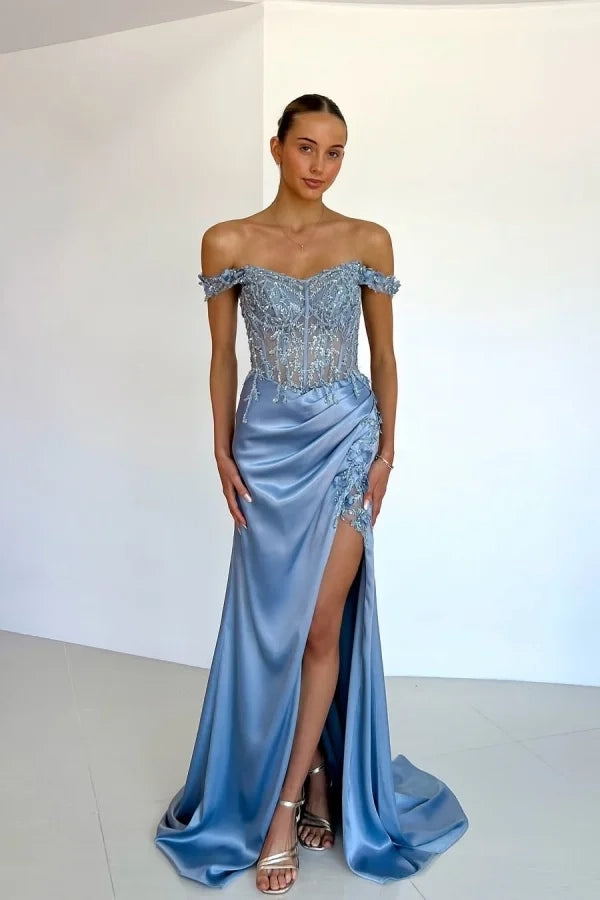 Elegant Mermaid Off-Shoulder Beaded Dusty Blue Maxi Party Dress