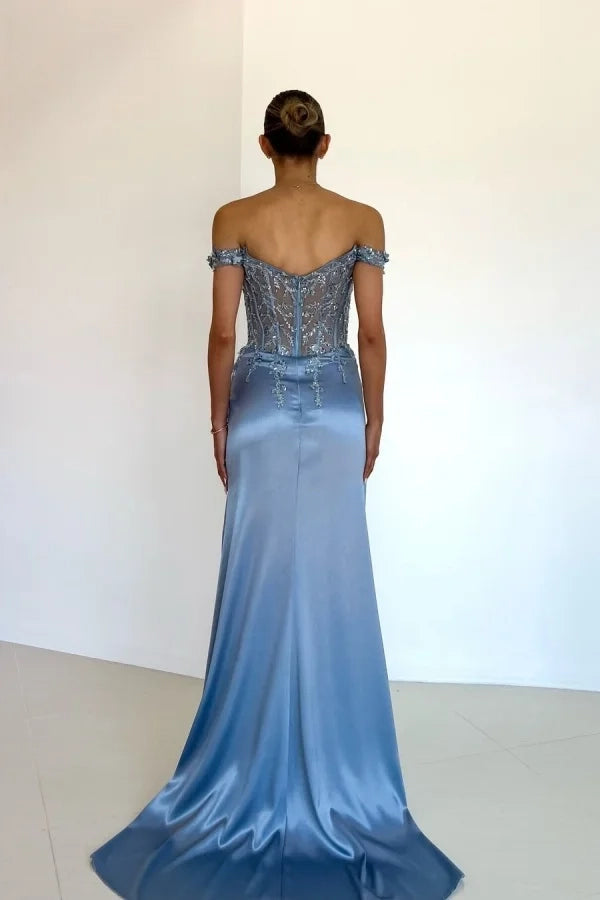 Elegant Mermaid Off-Shoulder Beaded Dusty Blue Maxi Party Dress