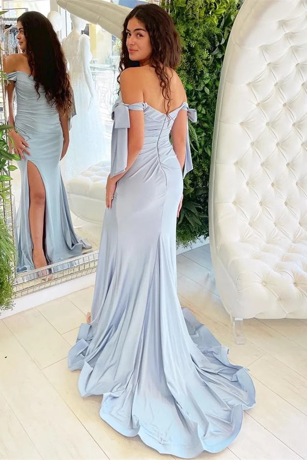 Elegant Mermaid Off-Shoulder Bow Light Blue Maxi Prom Dress
