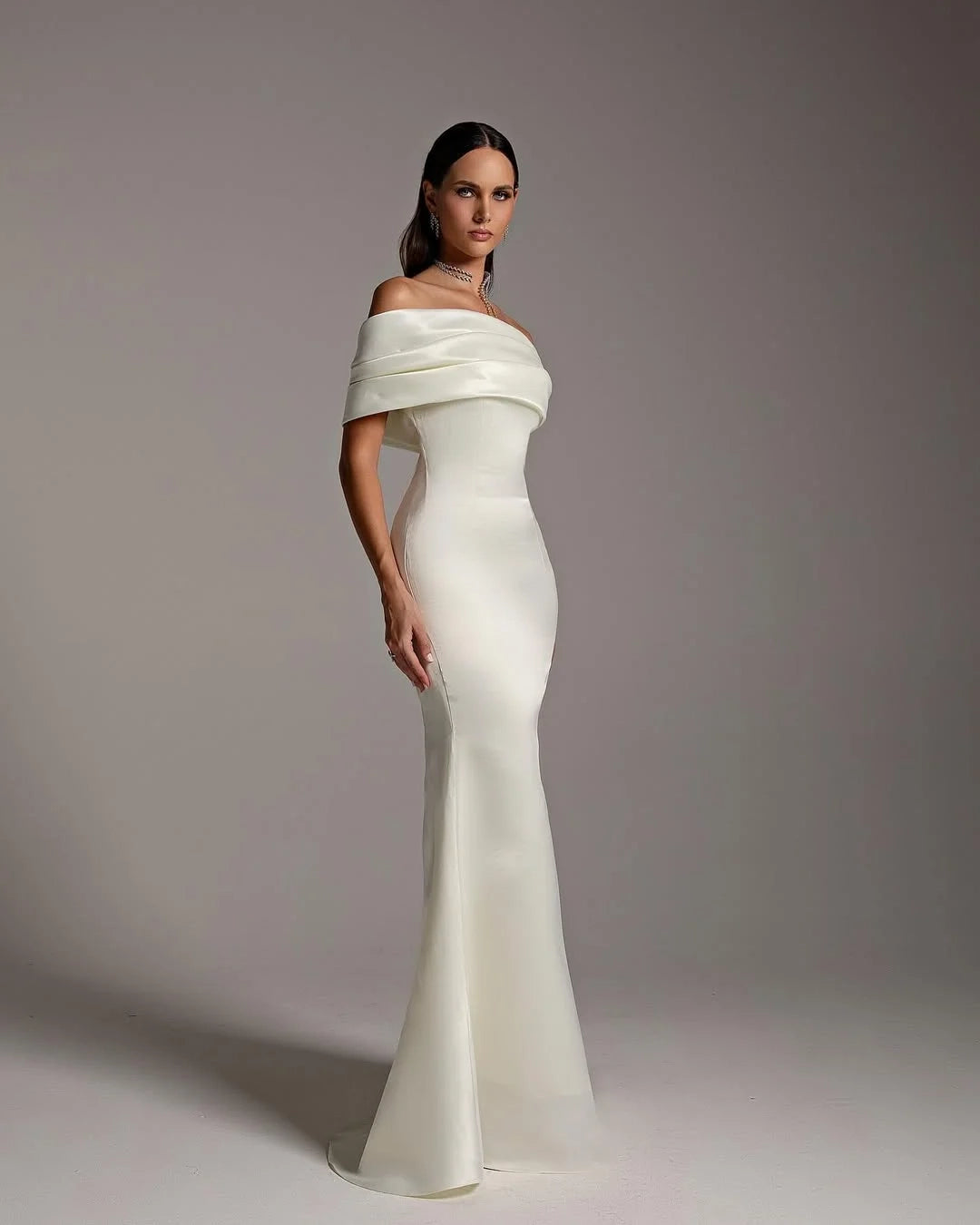 Elegant Mermaid Off-Shoulder Draped White Maxi Evening Dress