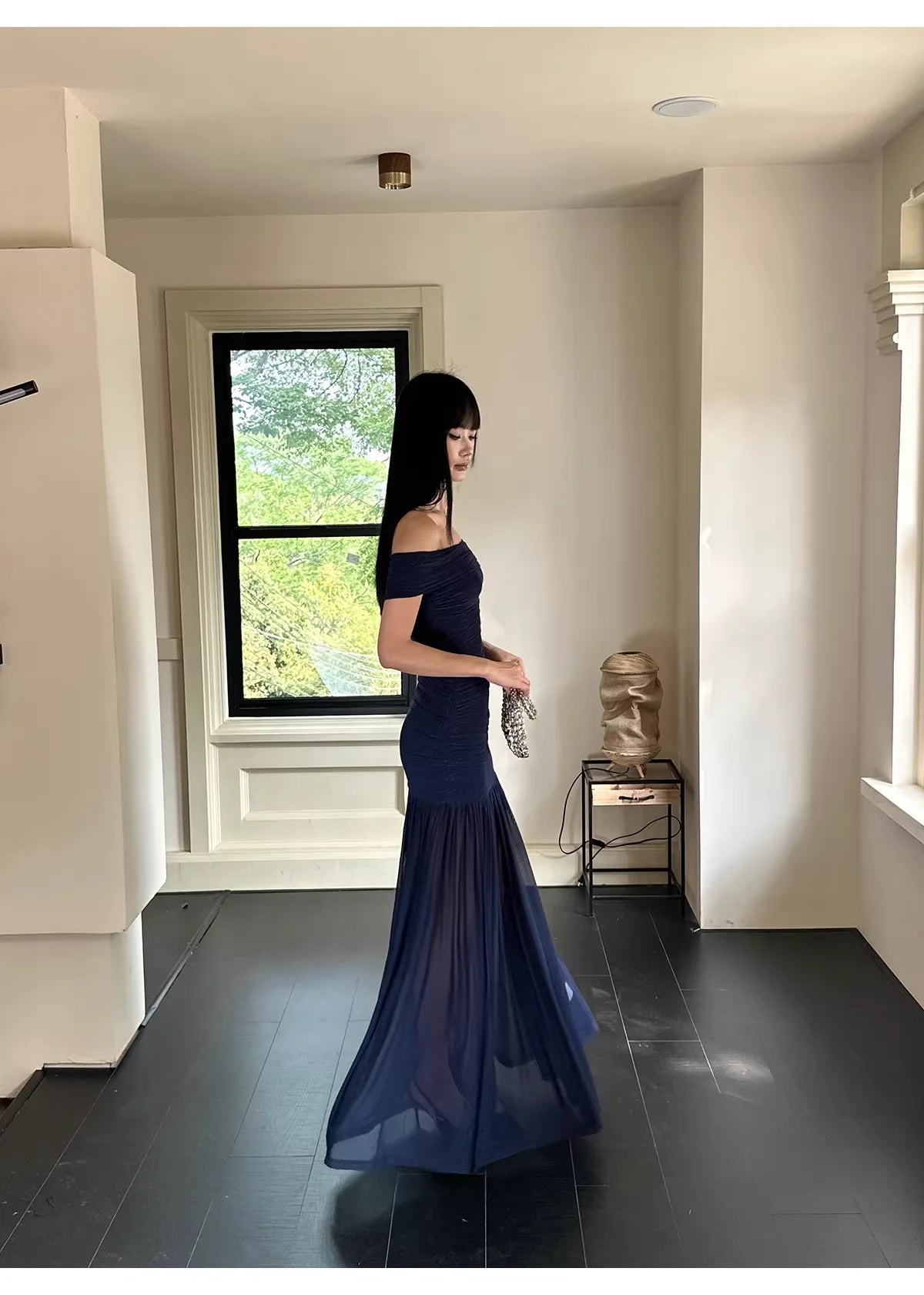 Elegant Mermaid Off-Shoulder Ruched Midnight Blue Chiffon Evening Dresses