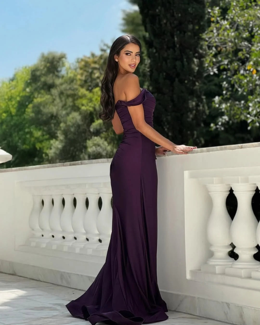 Elegant Mermaid Off-Shoulder Ruched Purple Maxi Evening Dress