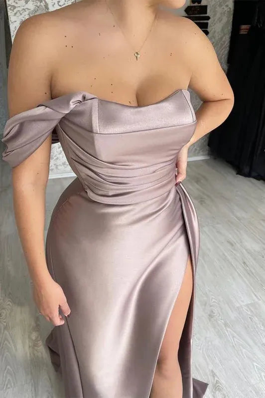 Elegant Mermaid Off-shoulder Ruched Mauve Slit Prom Dress Ready To Ship
