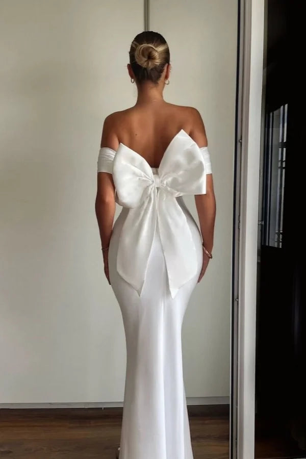 Elegant Mermaid Off-the-Shoulder Bow White Floor-Length Prom Dress