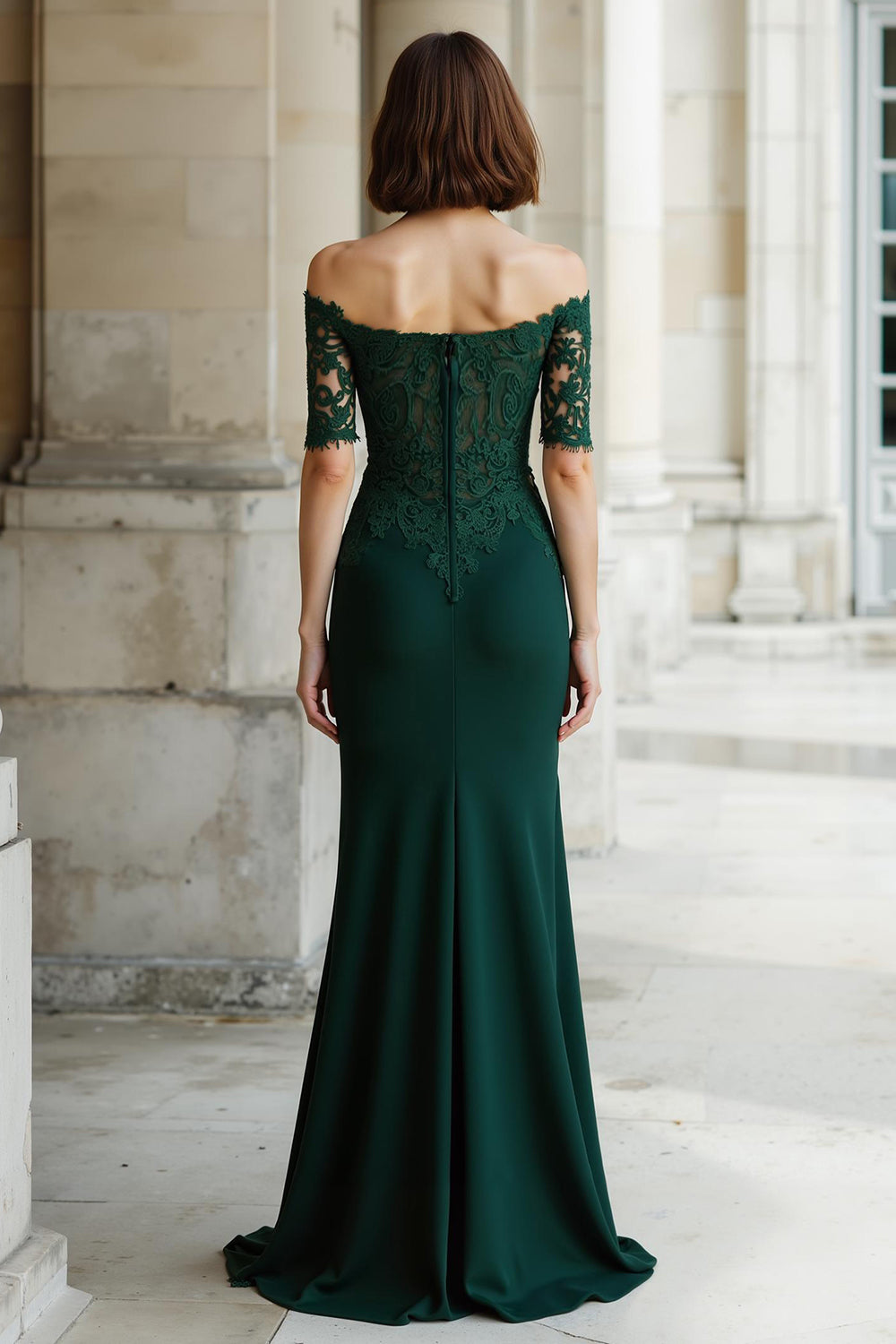 Elegant Mermaid Off-the-Shoulder Lace-Sleeve Back Zip Floor-Length Mother Of The Bride Dresses with Appliques