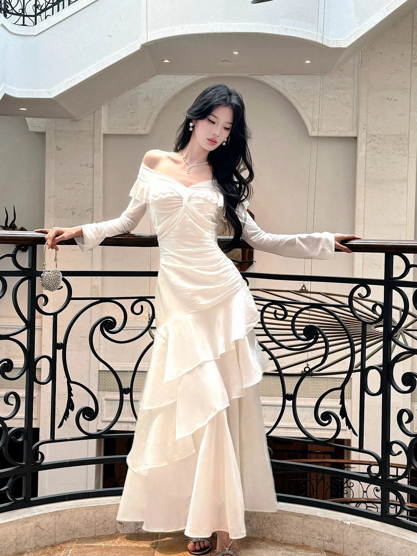 Elegant Mermaid Off-the-Shoulder Long Sleeve Ruffled Ivory Maxi Prom Dress