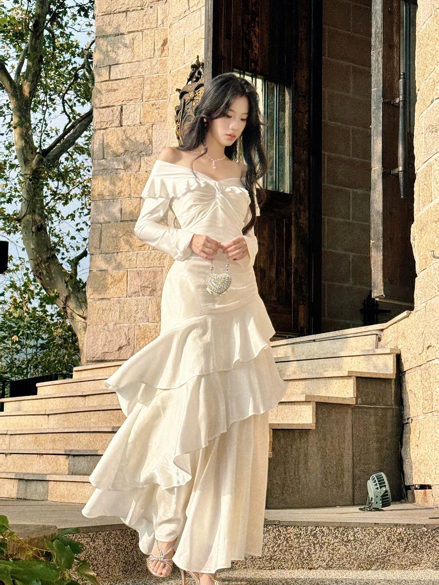Elegant Mermaid Off-the-Shoulder Long Sleeve Ruffled Ivory Maxi Prom Dress