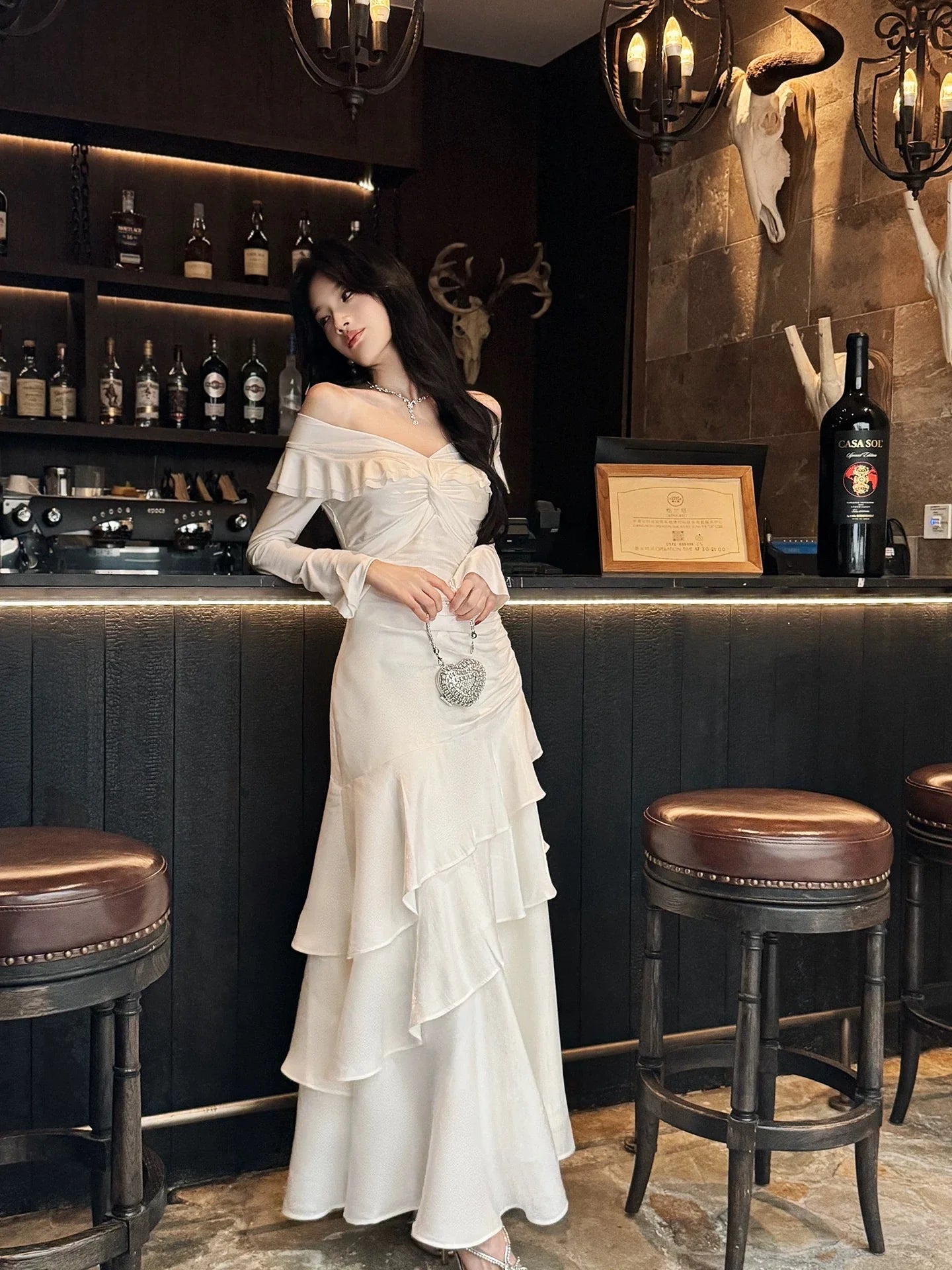Elegant Mermaid Off-the-Shoulder Long Sleeve Ruffled Ivory Maxi Prom Dress