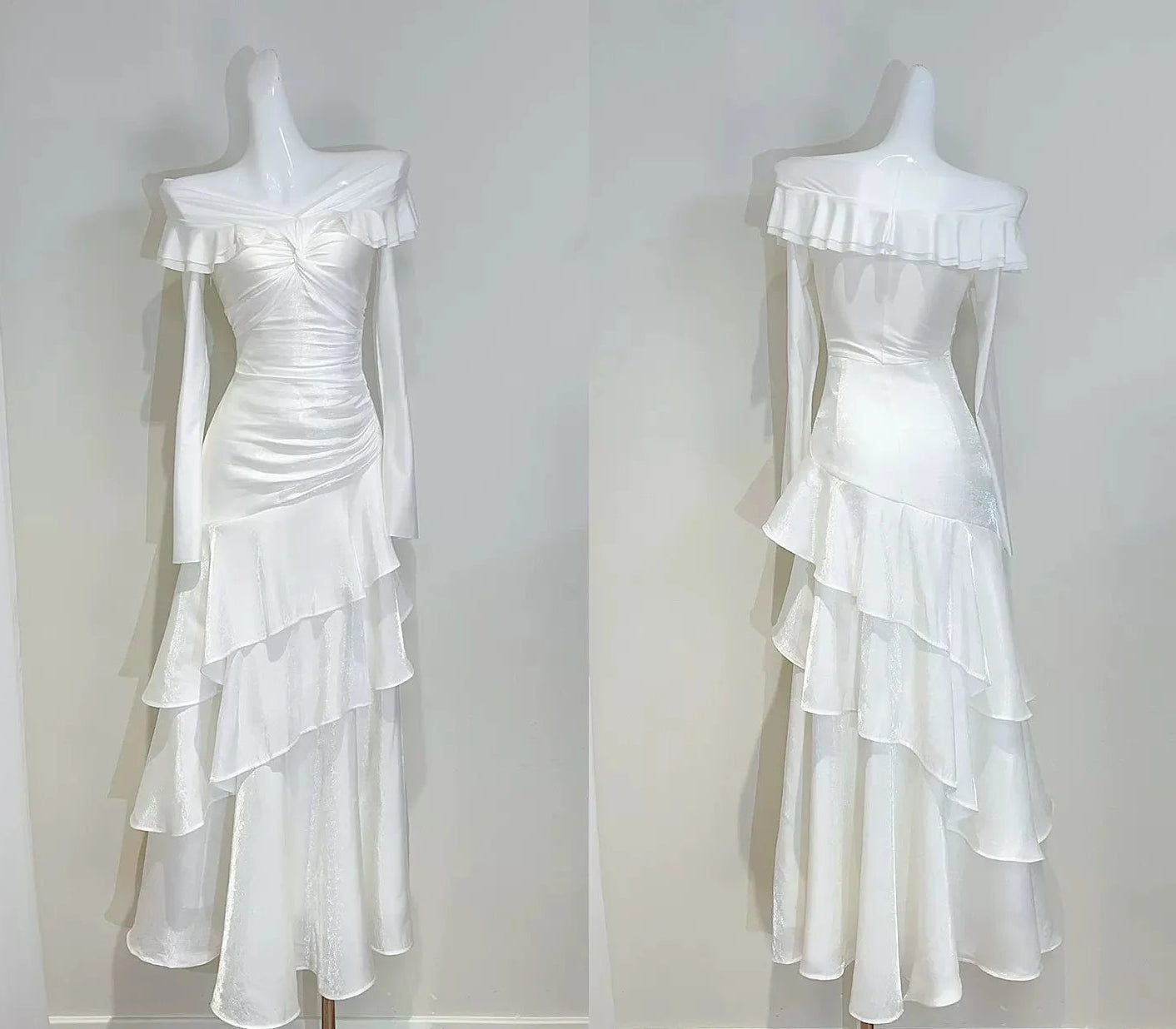 Elegant Mermaid Off-the-Shoulder Long Sleeve Ruffled Ivory Maxi Prom Dress