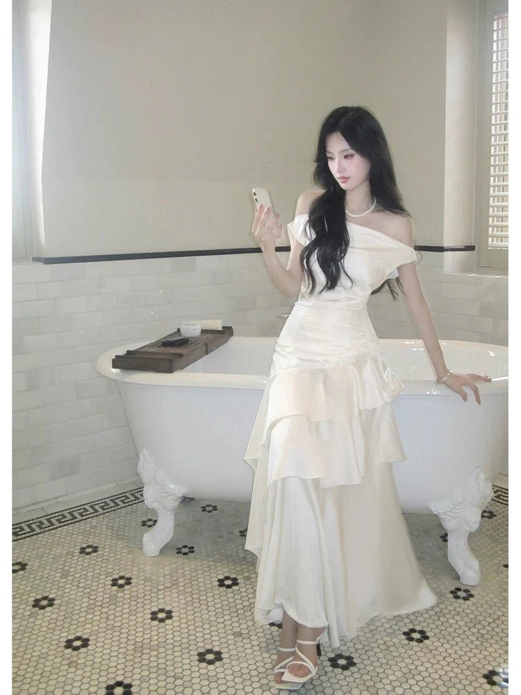 Elegant Mermaid Off-the-Shoulder Ruffled Ivory Maxi Prom Dress