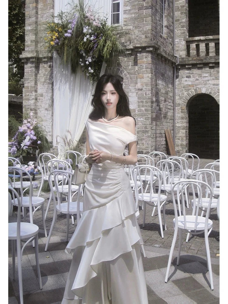 Elegant Mermaid Off-the-Shoulder Ruffled Ivory Maxi Prom Dress