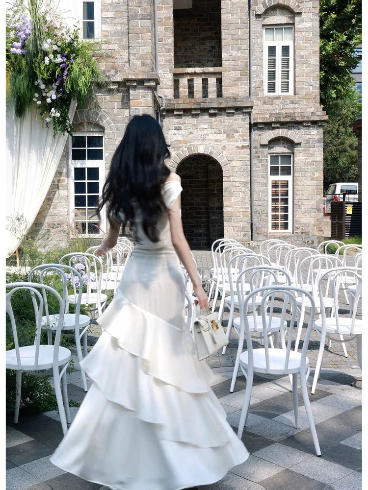 Elegant Mermaid Off-the-Shoulder Ruffled Ivory Maxi Prom Dress