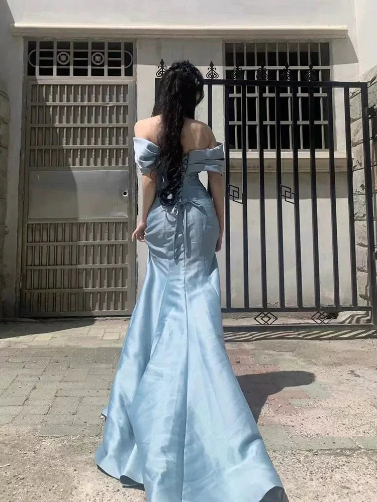 Elegant Mermaid Off-the-Shoulder Short Sleeve Ruched Dusty Blue Maxi Prom Dress