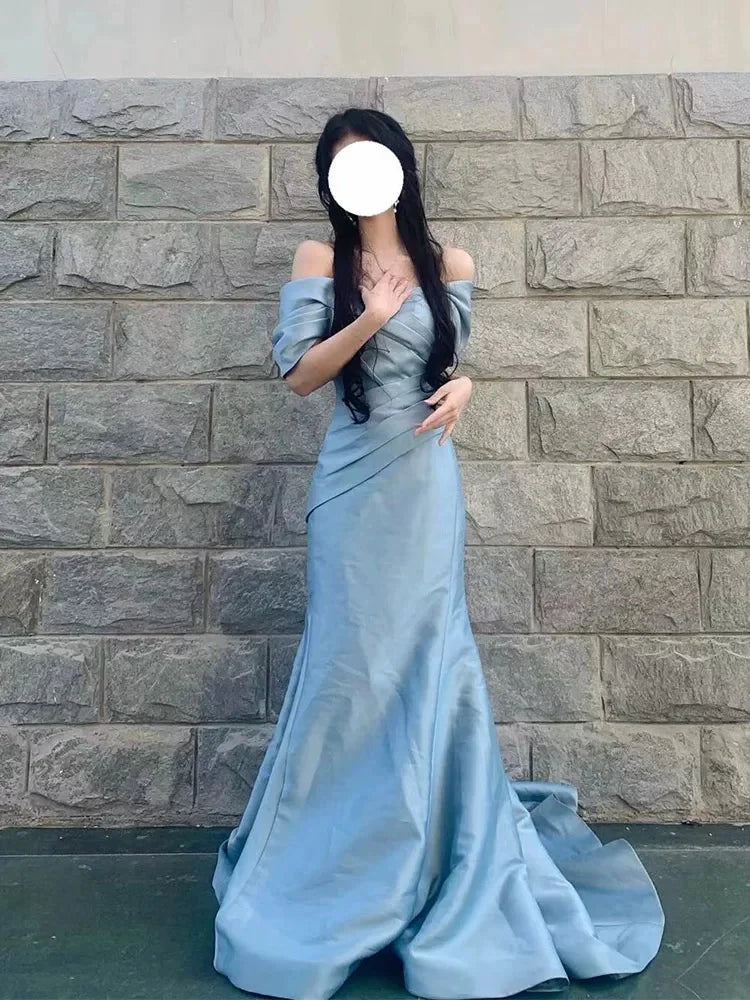 Elegant Mermaid Off-the-Shoulder Short Sleeve Ruched Dusty Blue Maxi Prom Dress
