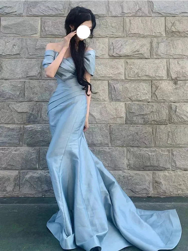 Elegant Mermaid Off-the-Shoulder Short Sleeve Ruched Dusty Blue Maxi Prom Dress