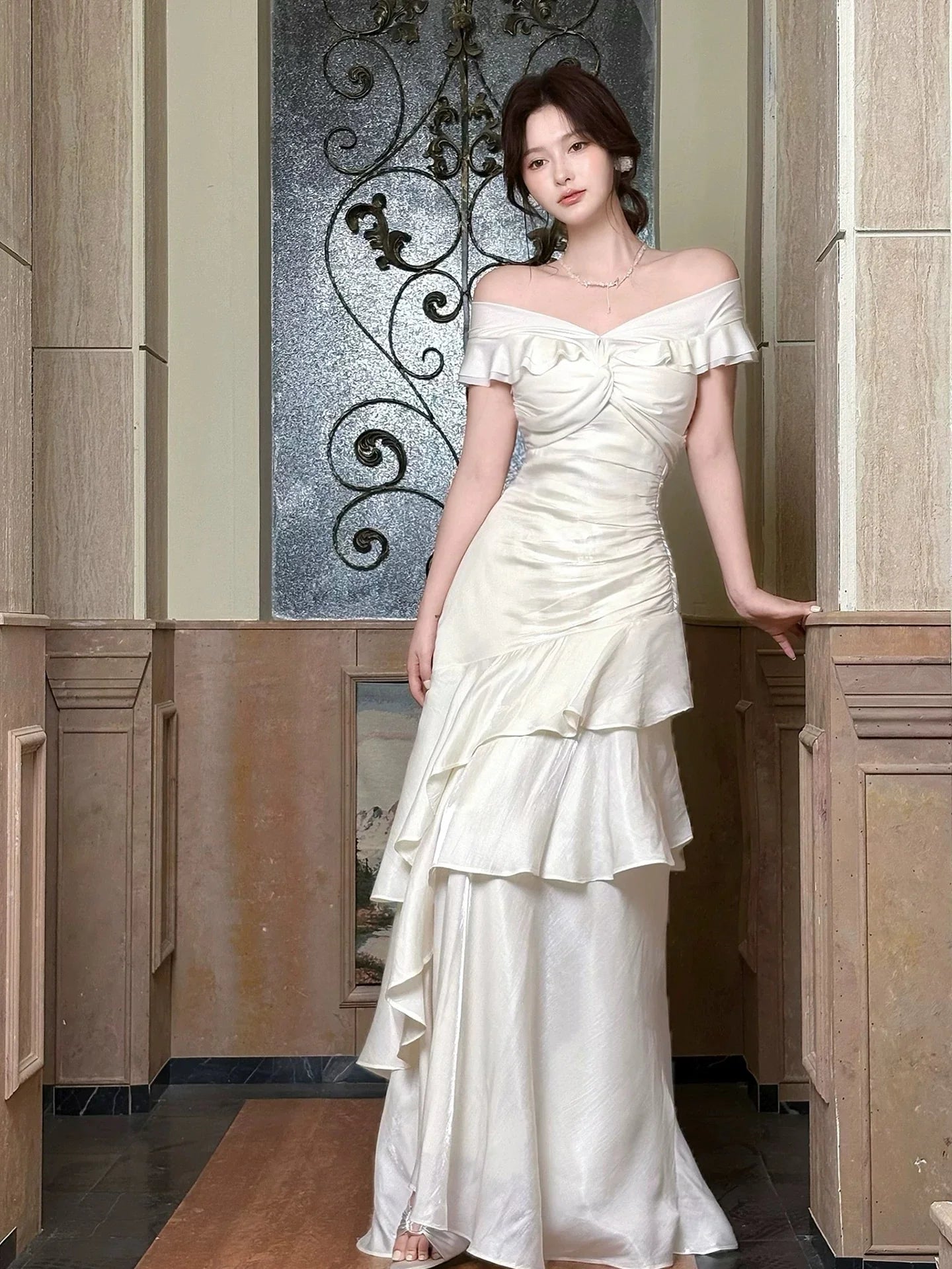 Elegant Mermaid Off-the-Shoulder Short Sleeve Ruffled Ivory Maxi Prom Dress