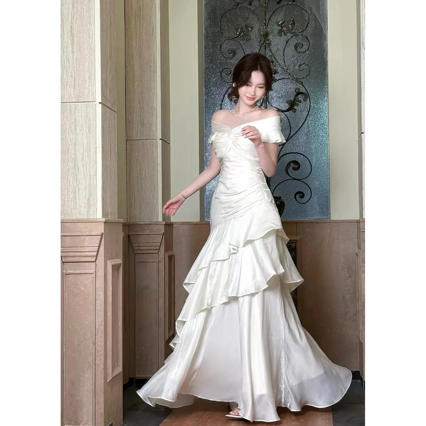 Elegant Mermaid Off-the-Shoulder Short Sleeve Ruffled Ivory Maxi Prom Dress