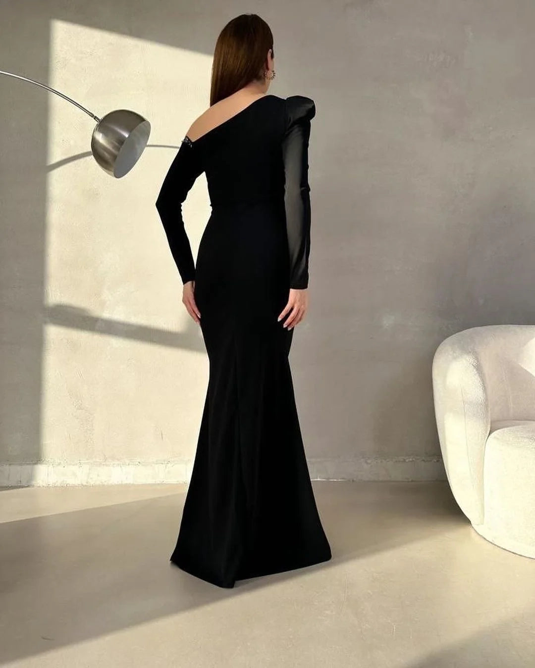 Elegant Mermaid One-Shoulder Long Sleeve Beaded Black Maxi Evening Dress