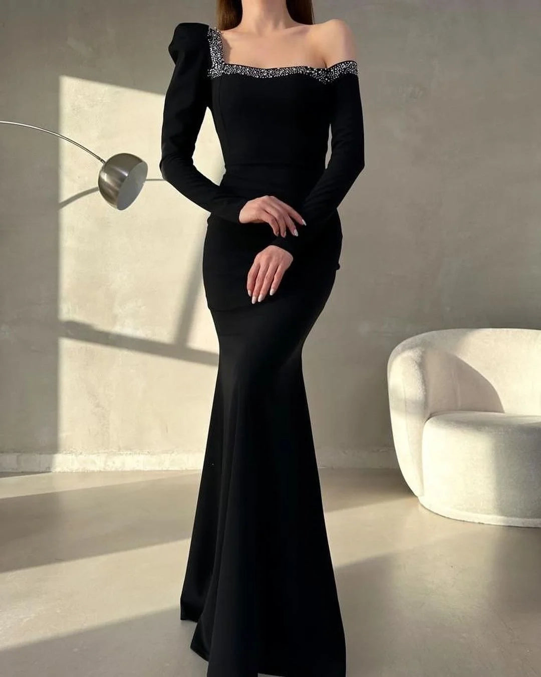 Elegant Mermaid One-Shoulder Long Sleeve Beaded Black Maxi Evening Dress