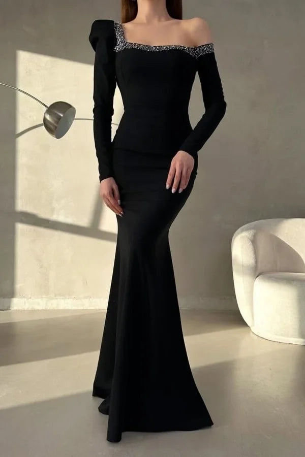 Elegant Mermaid One-Shoulder Long Sleeve Beaded Black Maxi Evening Dress