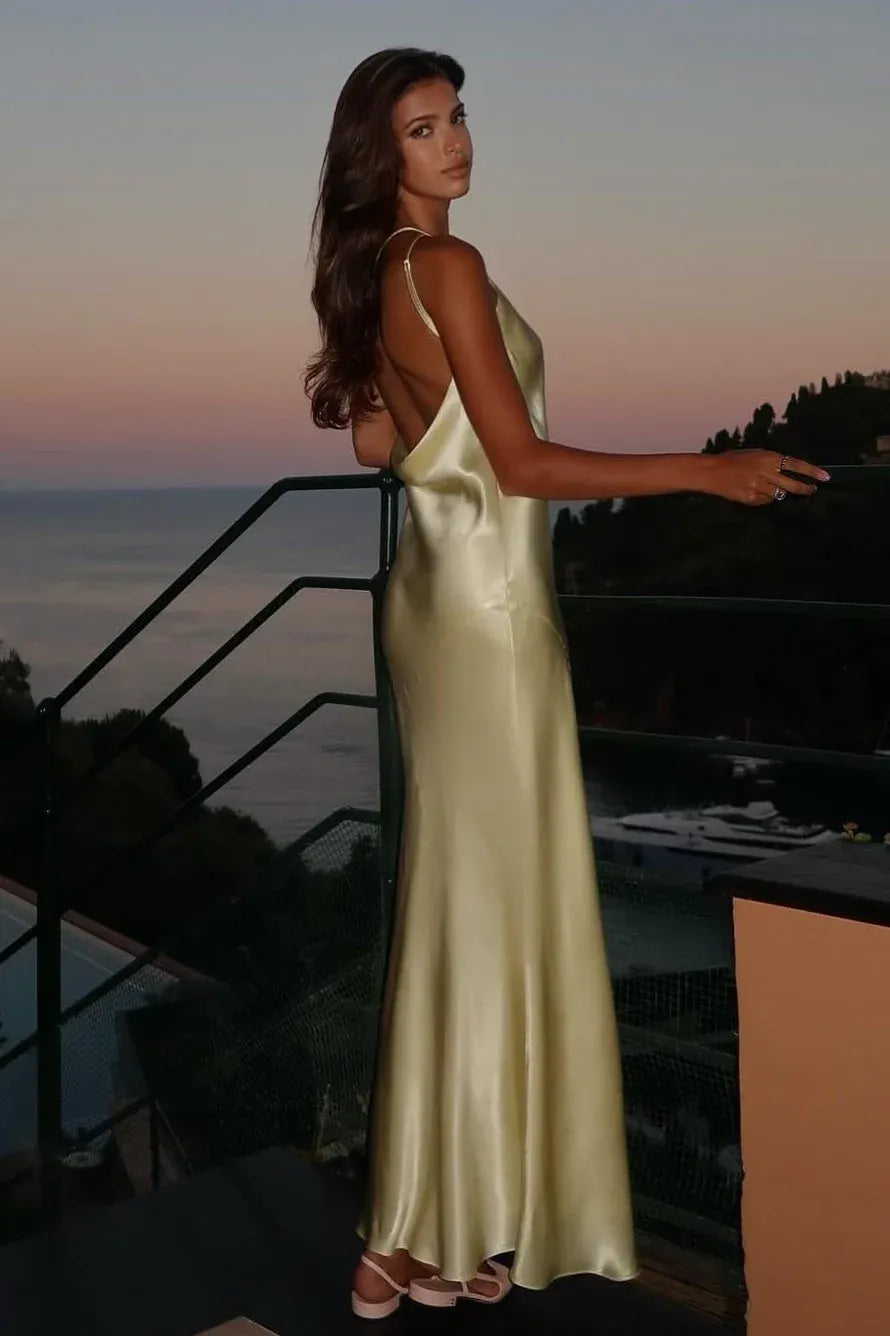 Elegant Mermaid One-Shoulder Open Back Satin Light Yellow Floor Length Prom Dress