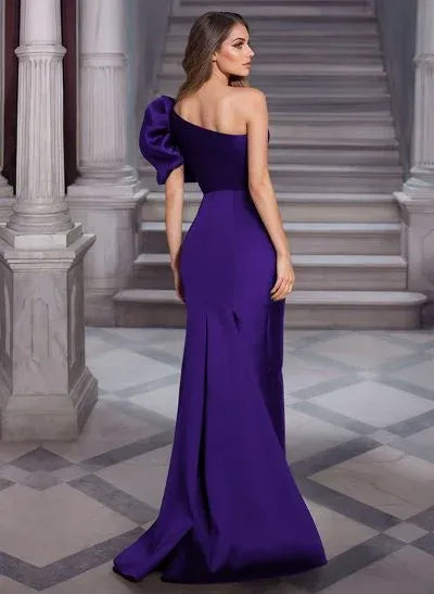 Elegant Mermaid One-Shoulder Satin Purple Train Prom Dress With Bow For Sale
