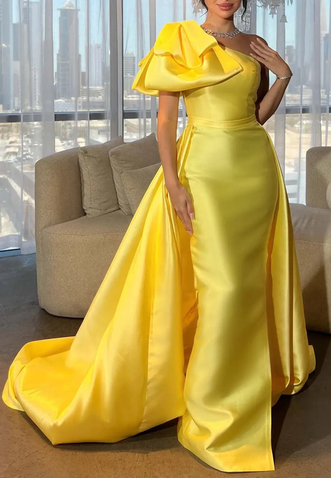 Elegant Mermaid One Shoulder Bow Satin Yellow Prom Dress With Sweep Train