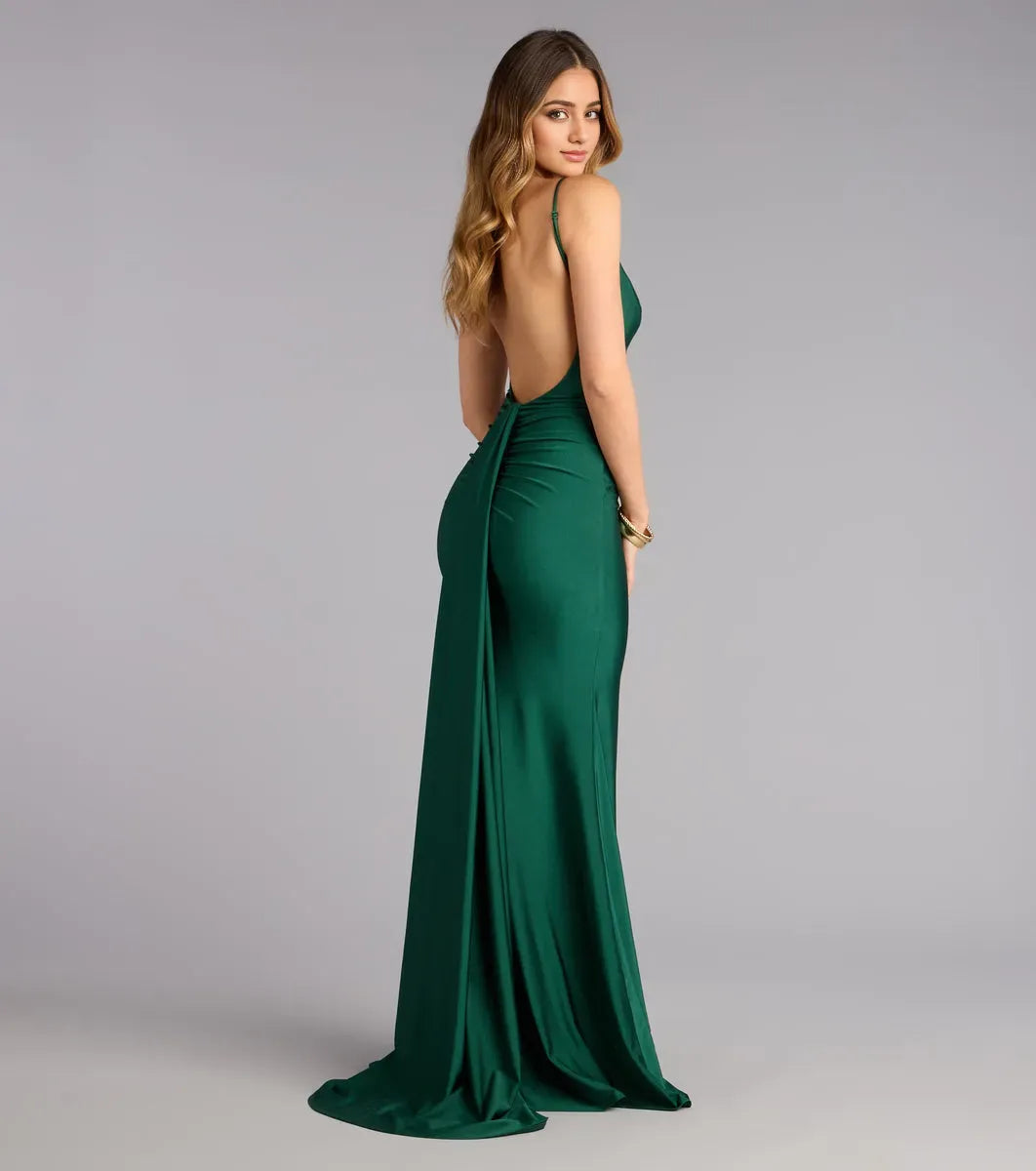 Elegant Mermaid Plunging V-Neckline Spaghetti-Straps Open-Back Floor-Length Prom Dresses