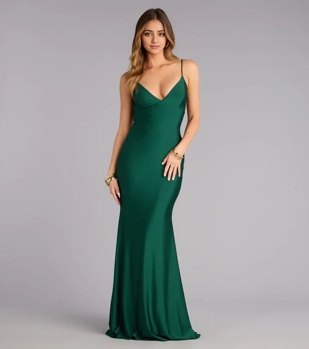 Elegant Mermaid Plunging V-Neckline Spaghetti-Straps Open-Back Floor-Length Prom Dresses