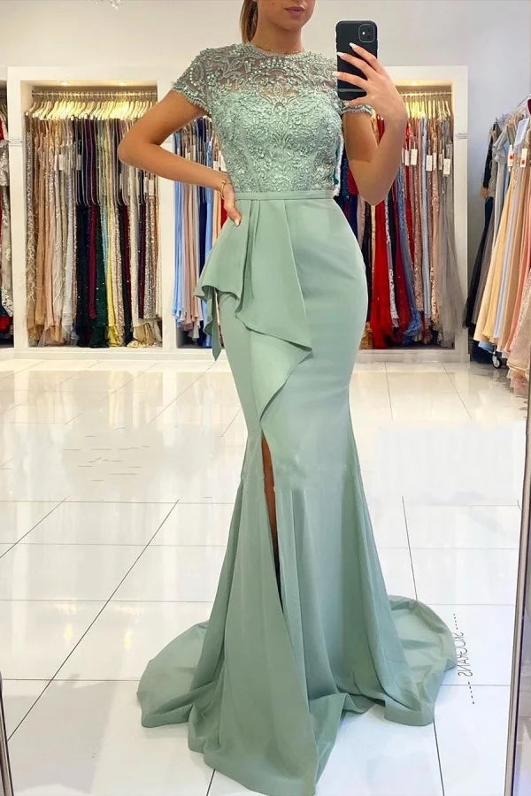 Elegant Mermaid Round Neck Short Sleeve Sage Green Maxi Evening Dress