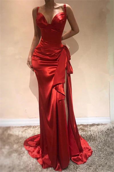 Elegant Mermaid Scarlet Spaghetti Straps Evening Dresses Chic High Split Sleeveless Prom Dresses On