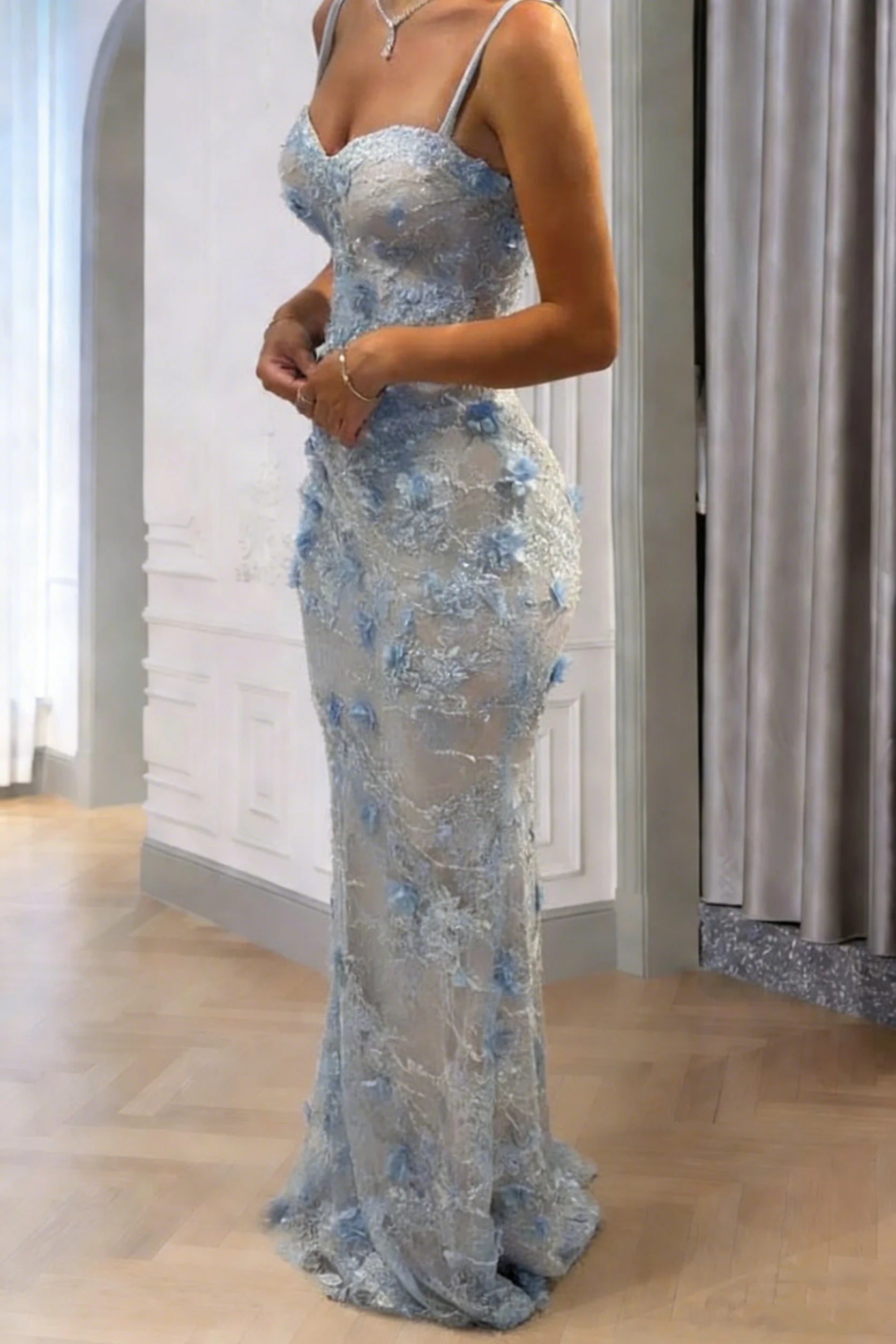 Elegant Mermaid Spaghetti Strap 3D Floral Light Blue Maxi Prom Dress