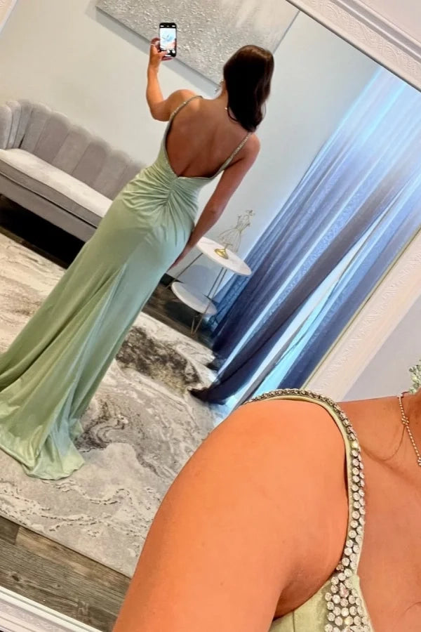 Elegant Mermaid Spaghetti Strap Beaded Sage Prom Dress