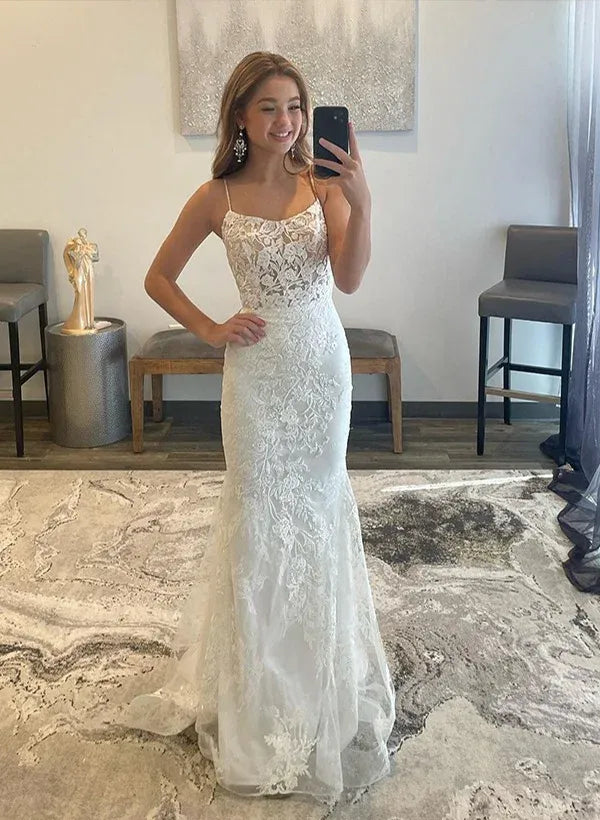 Elegant Mermaid Spaghetti Strap Corset Floral Lace White Floor-Length Prom Dress