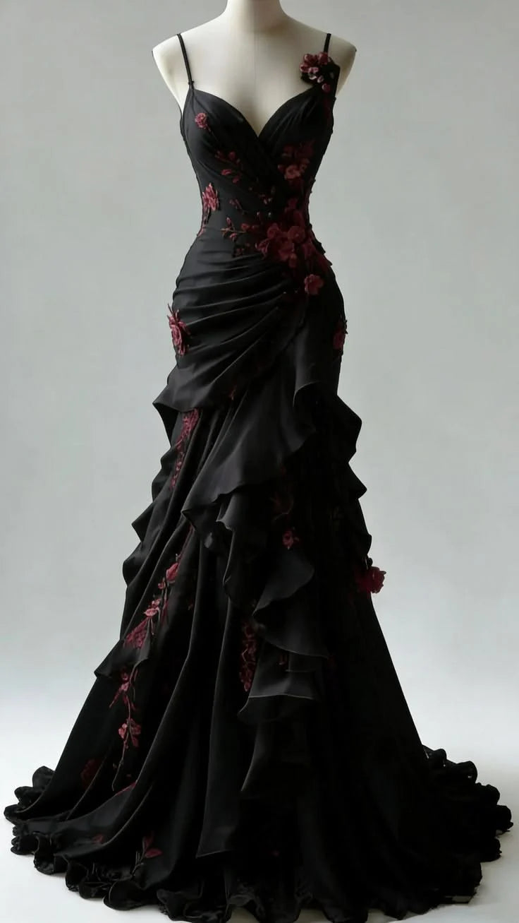 Elegant Mermaid Spaghetti Strap Floral Black Maxi Prom Dress