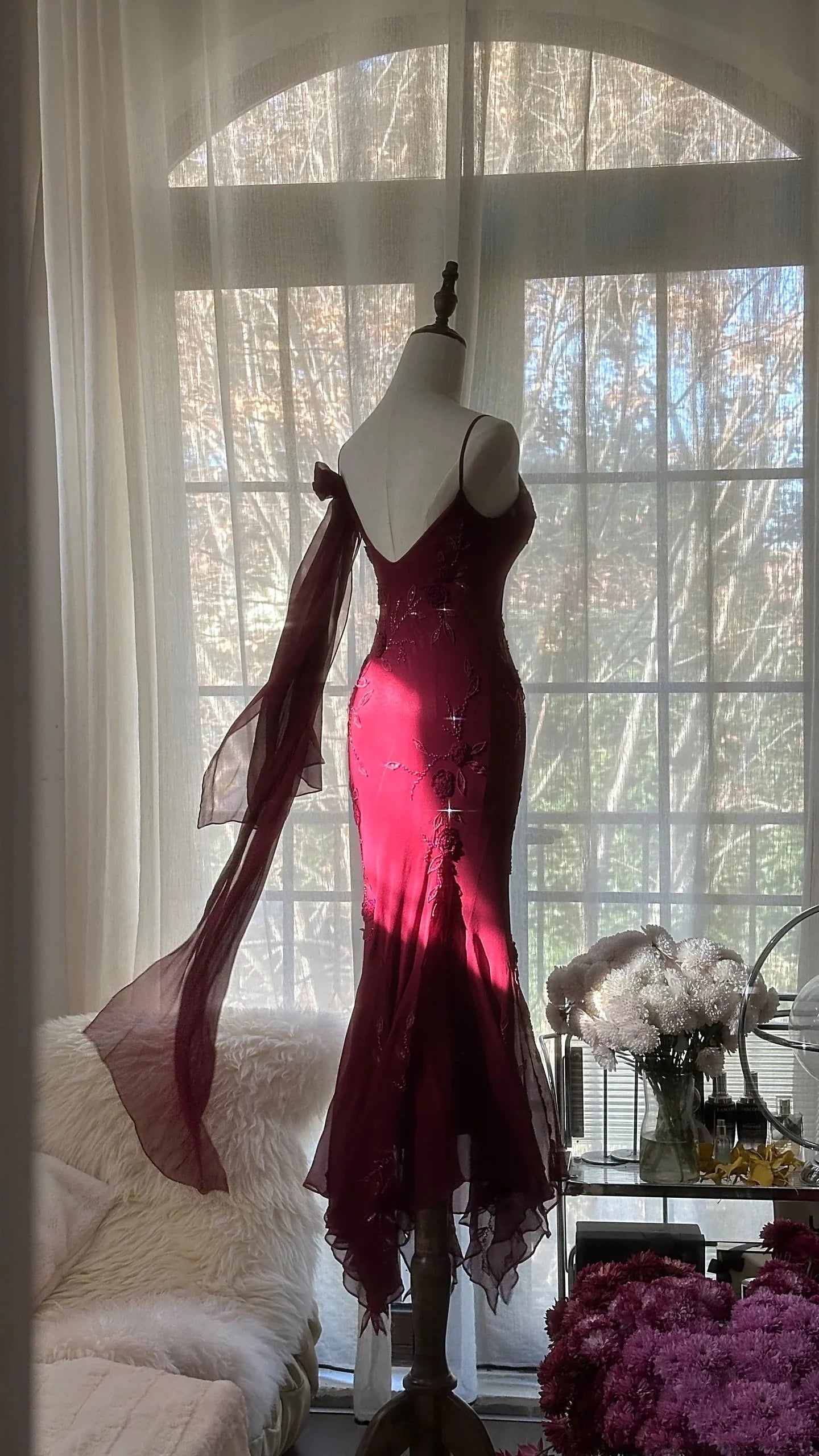 Elegant Mermaid Spaghetti Strap Floral Burgundy Maxi Prom Dress