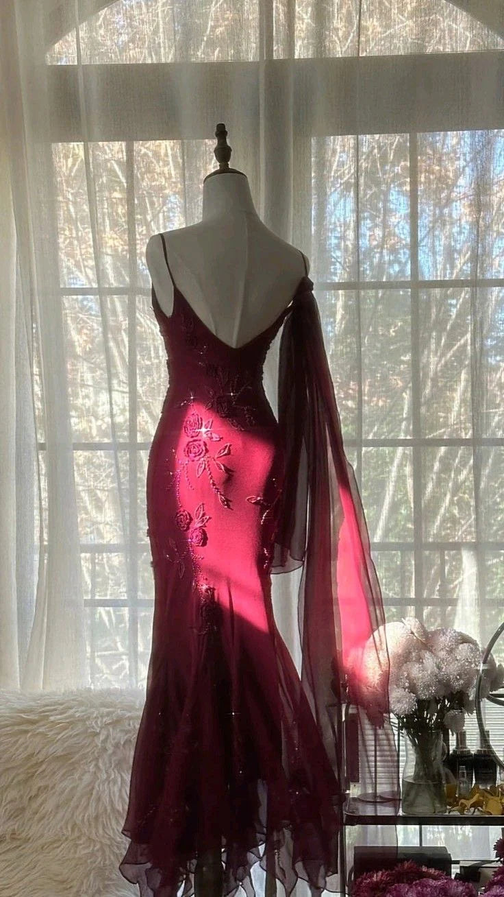 Elegant Mermaid Spaghetti Strap Floral Burgundy Maxi Prom Dress