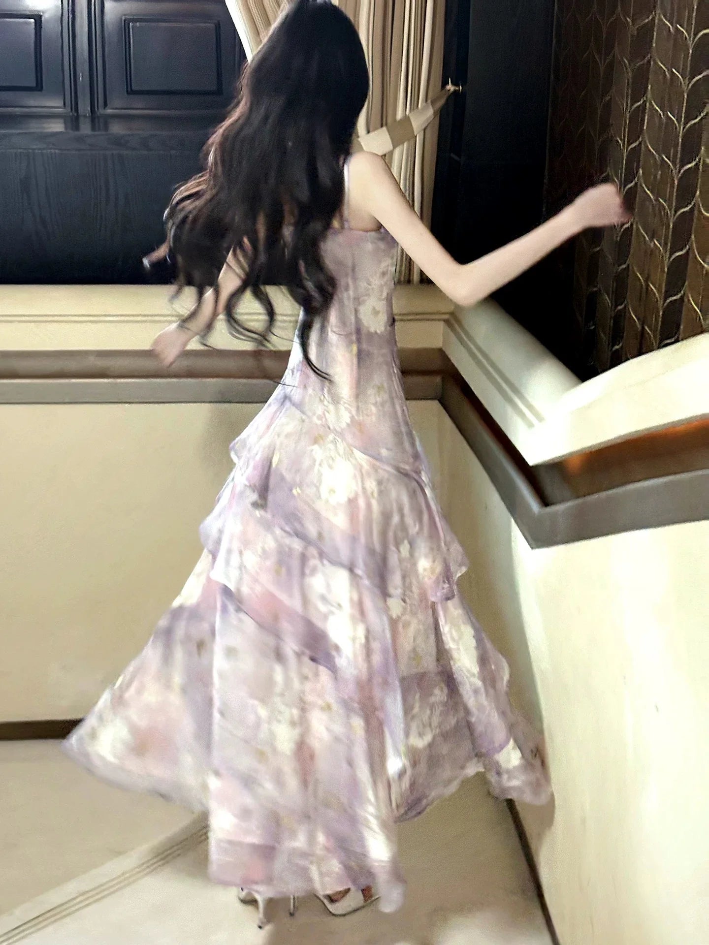 Elegant Mermaid Spaghetti Strap Floral Lavender Maxi Prom Dress