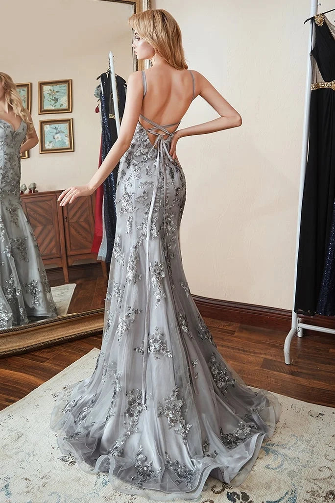Elegant Mermaid Spaghetti Strap Lace Gray Maxi Prom Dress