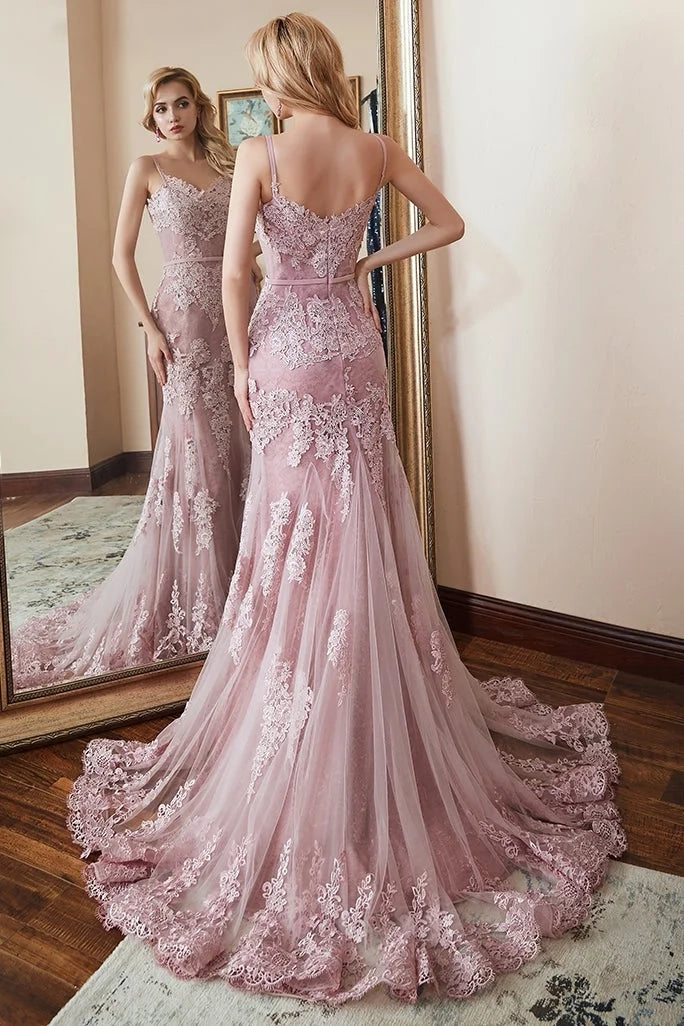 Elegant Mermaid Spaghetti Strap Lace Pink Maxi Prom Dress
