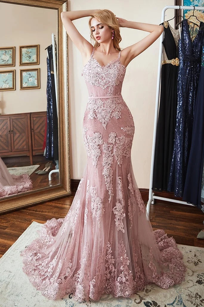 Elegant Mermaid Spaghetti Strap Lace Pink Maxi Prom Dress
