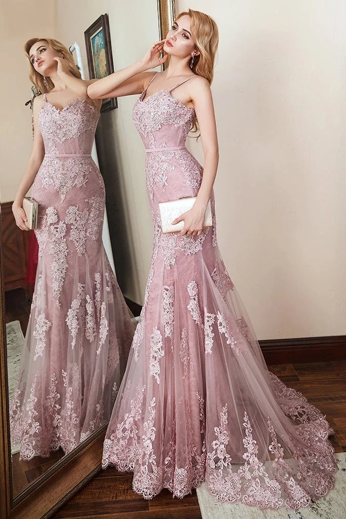 Elegant Mermaid Spaghetti Strap Lace Pink Maxi Prom Dress