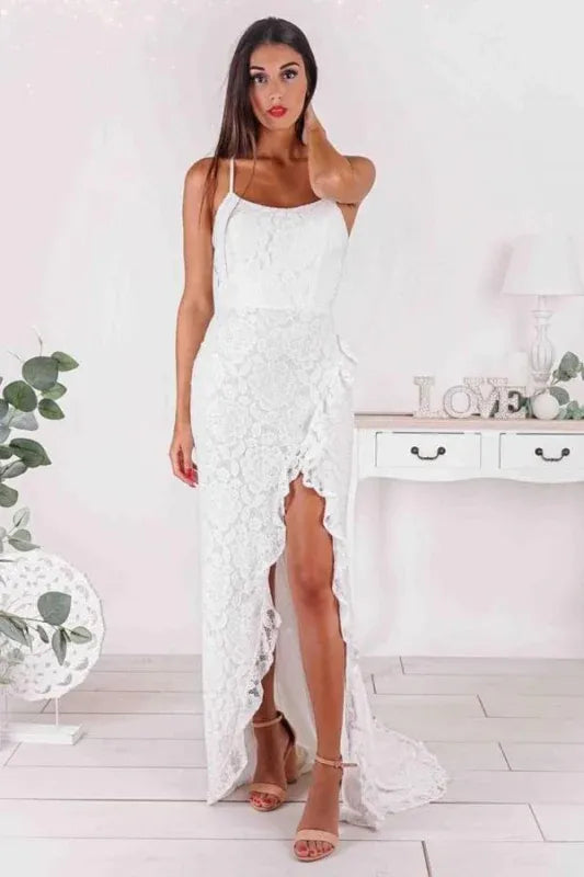 Elegant Mermaid Spaghetti Strap Lace Slit White Floor-Length Evening Dress For Bride