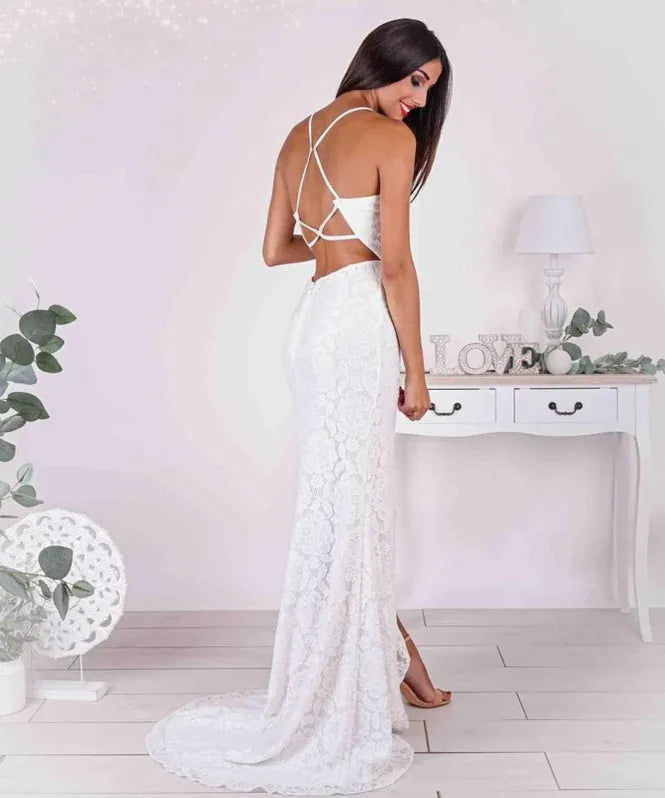 Elegant Mermaid Spaghetti Strap Lace Slit White Floor-Length Evening Dress For Bride